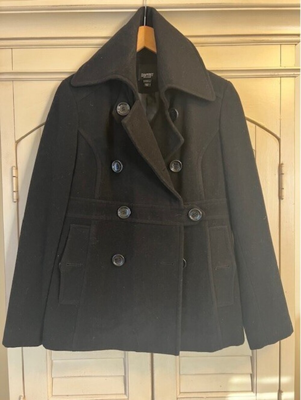 Esprit Outerwear Wool Blend Button Front Pea Coat - Black Small